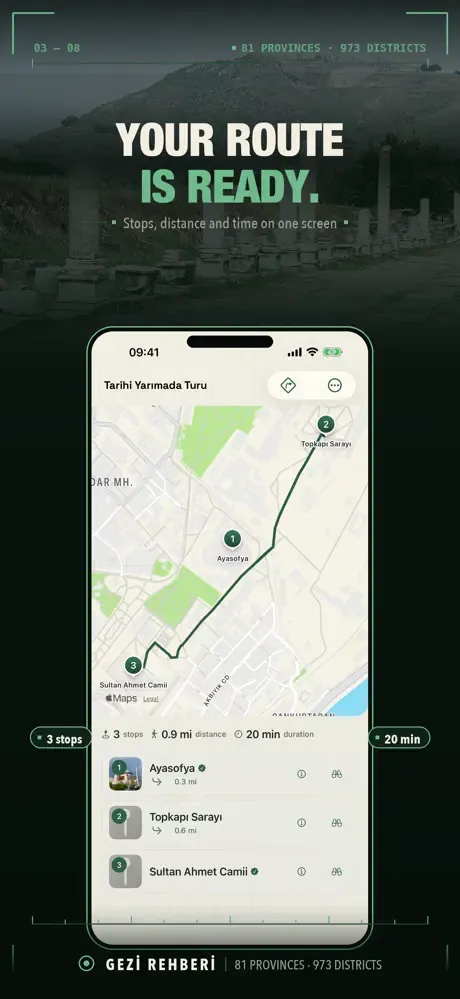 Route: stops, distance and time on one screen
