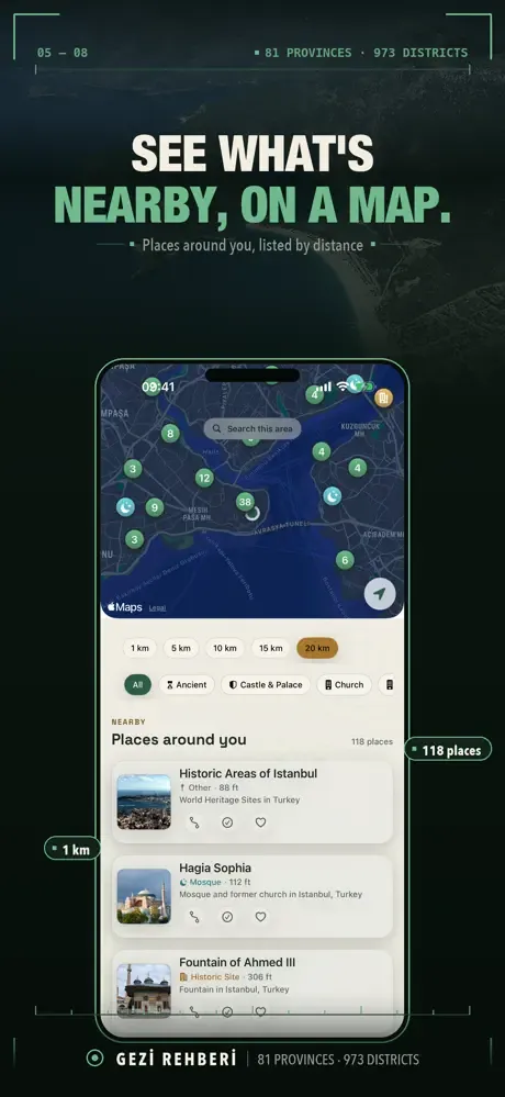 Map: places around you listed by distance