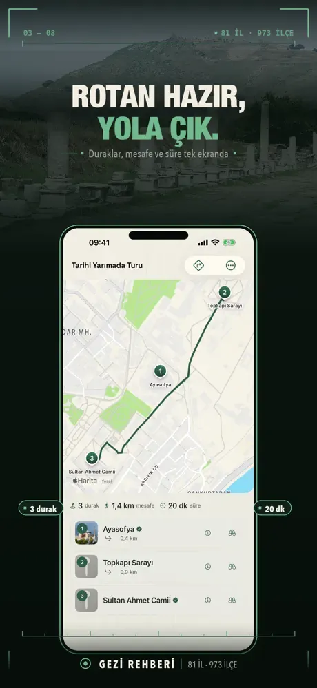Rota: duraklar, mesafe ve süre tek ekranda